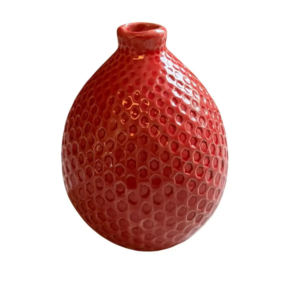 Textured red ceramic bud vase honeycomb small ovoid shape porcelain 4.5
